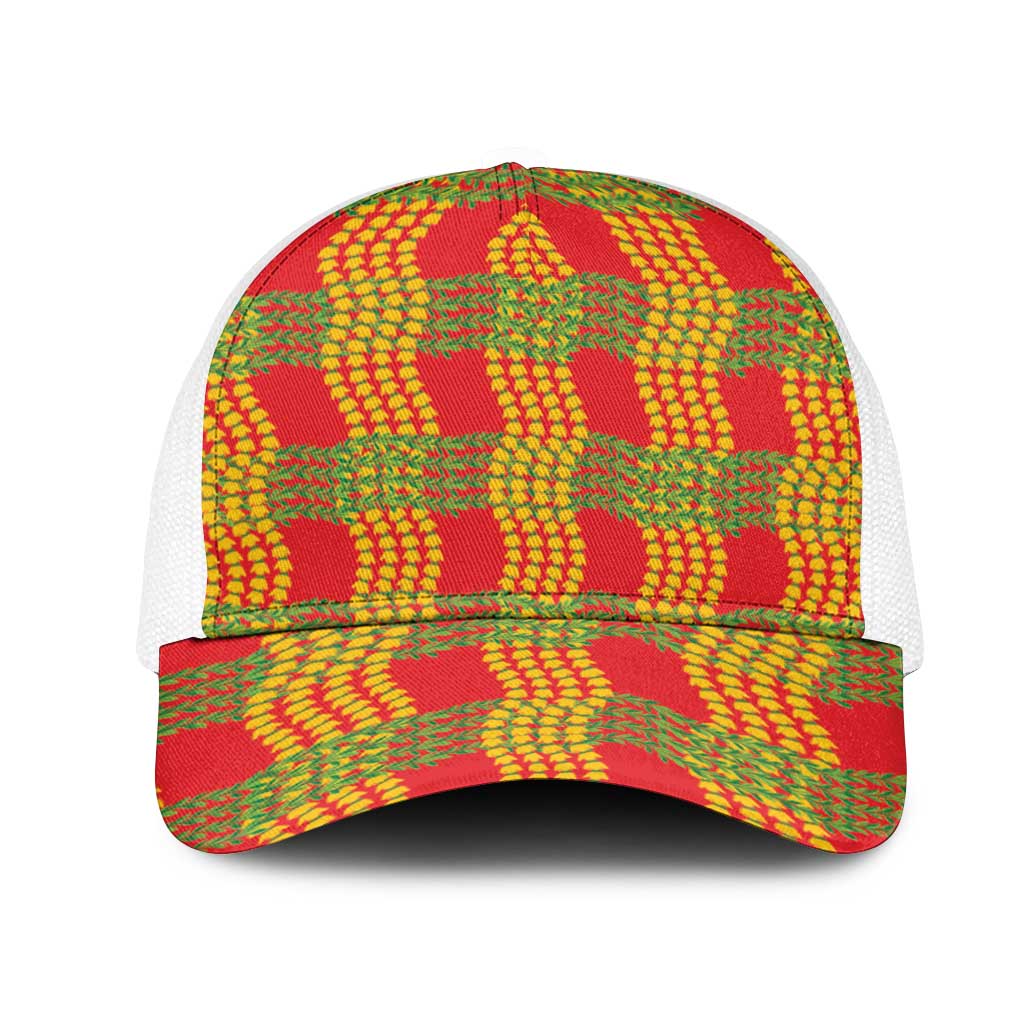 Aloha Hawaii Ilima Maile Lei Mesh Trucker Cap Palaka Inspired Hawaiian-plaid Red LT14 One Size White Red - Polynesian Pride