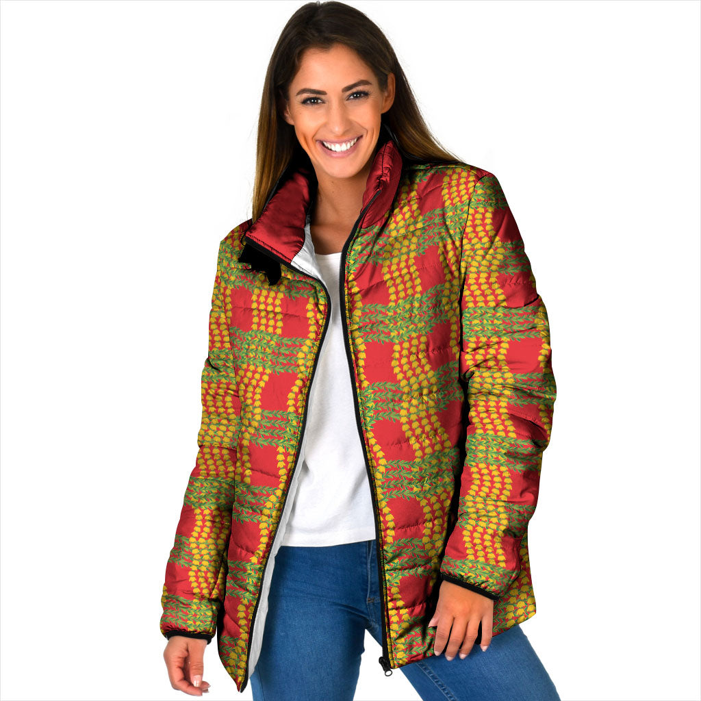 Aloha Hawaii Ilima Maile Lei Padded Jacket Palaka Inspired Hawaiian-plaid Red LT14 Women Red - Polynesian Pride