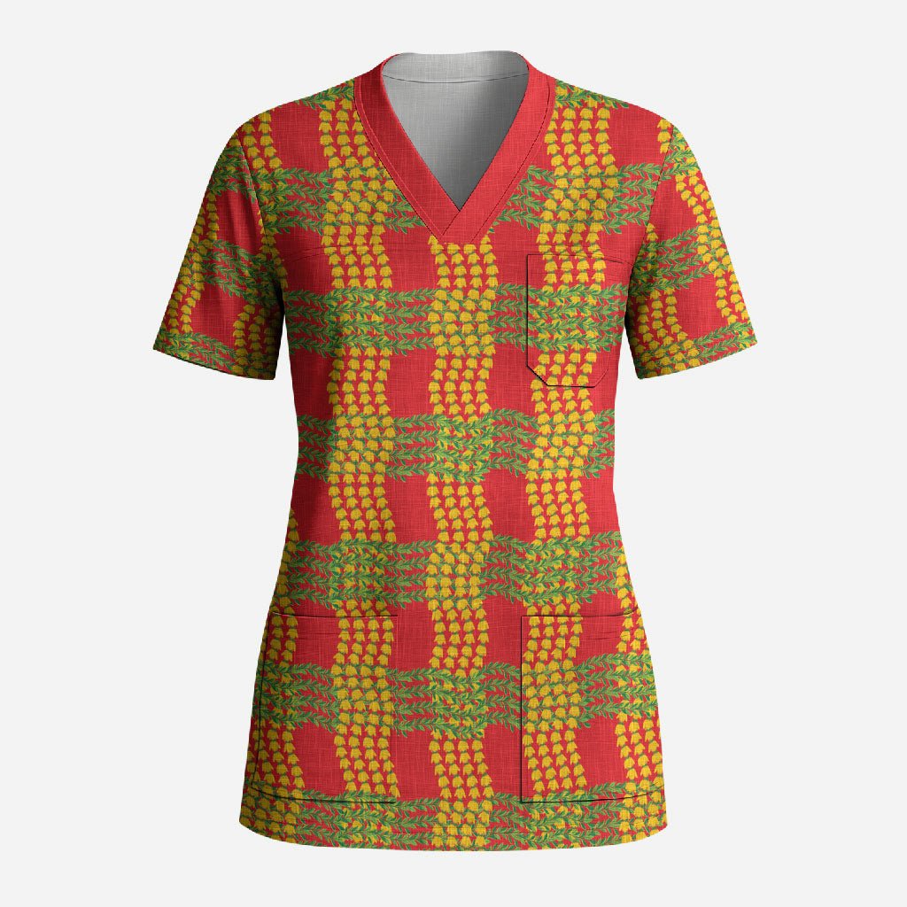 Aloha Hawaii Ilima Maile Lei Scrub Top Palaka Inspired Hawaiian-plaid Red LT14 Adult Red - Polynesian Pride