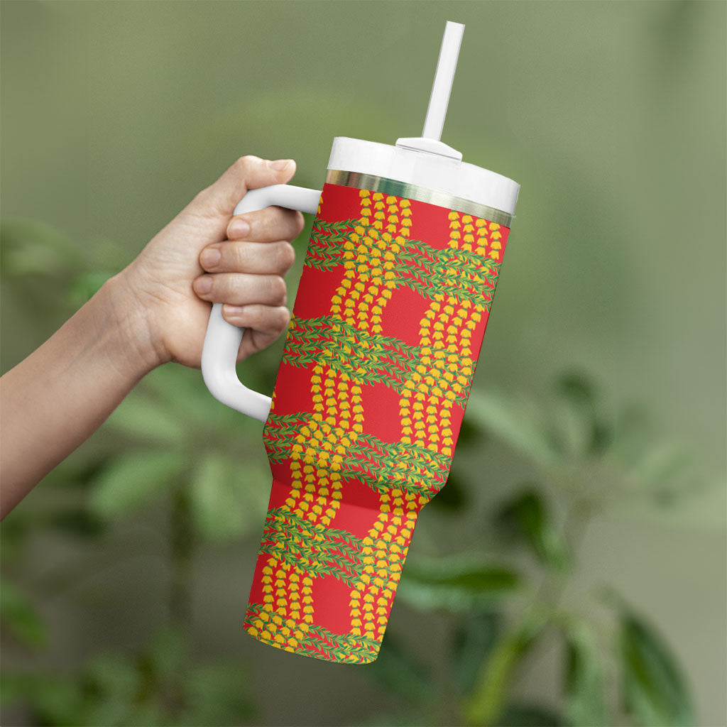Aloha Hawaii Ilima Maile Lei Tumbler With Handle Palaka Inspired Hawaiian-plaid Red LT14 - Polynesian Pride