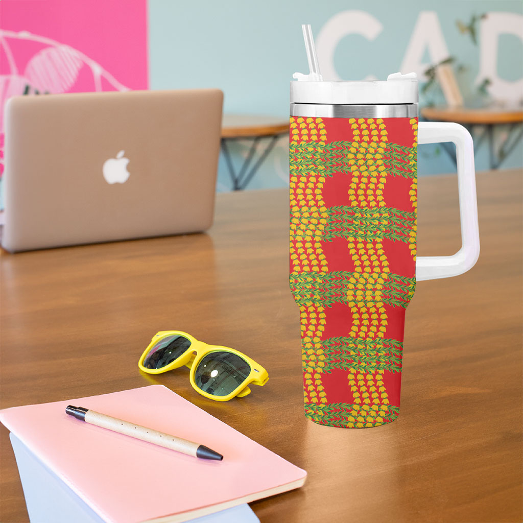 Aloha Hawaii Ilima Maile Lei Tumbler With Handle Palaka Inspired Hawaiian-plaid Red LT14 - Polynesian Pride