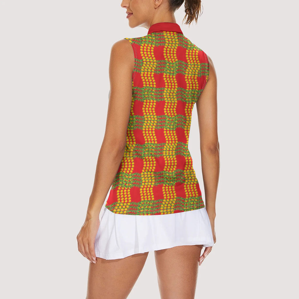 Aloha Hawaii Ilima Maile Lei Women Sleeveless Polo Shirt Palaka Inspired Hawaiian-plaid Red LT14 - Polynesian Pride
