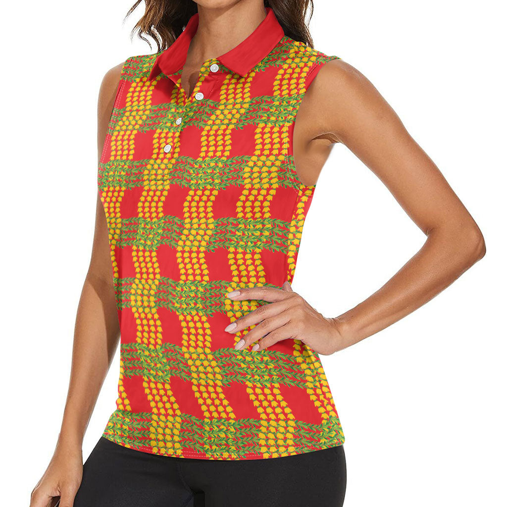 Aloha Hawaii Ilima Maile Lei Women Sleeveless Polo Shirt Palaka Inspired Hawaiian-plaid Red LT14 - Polynesian Pride