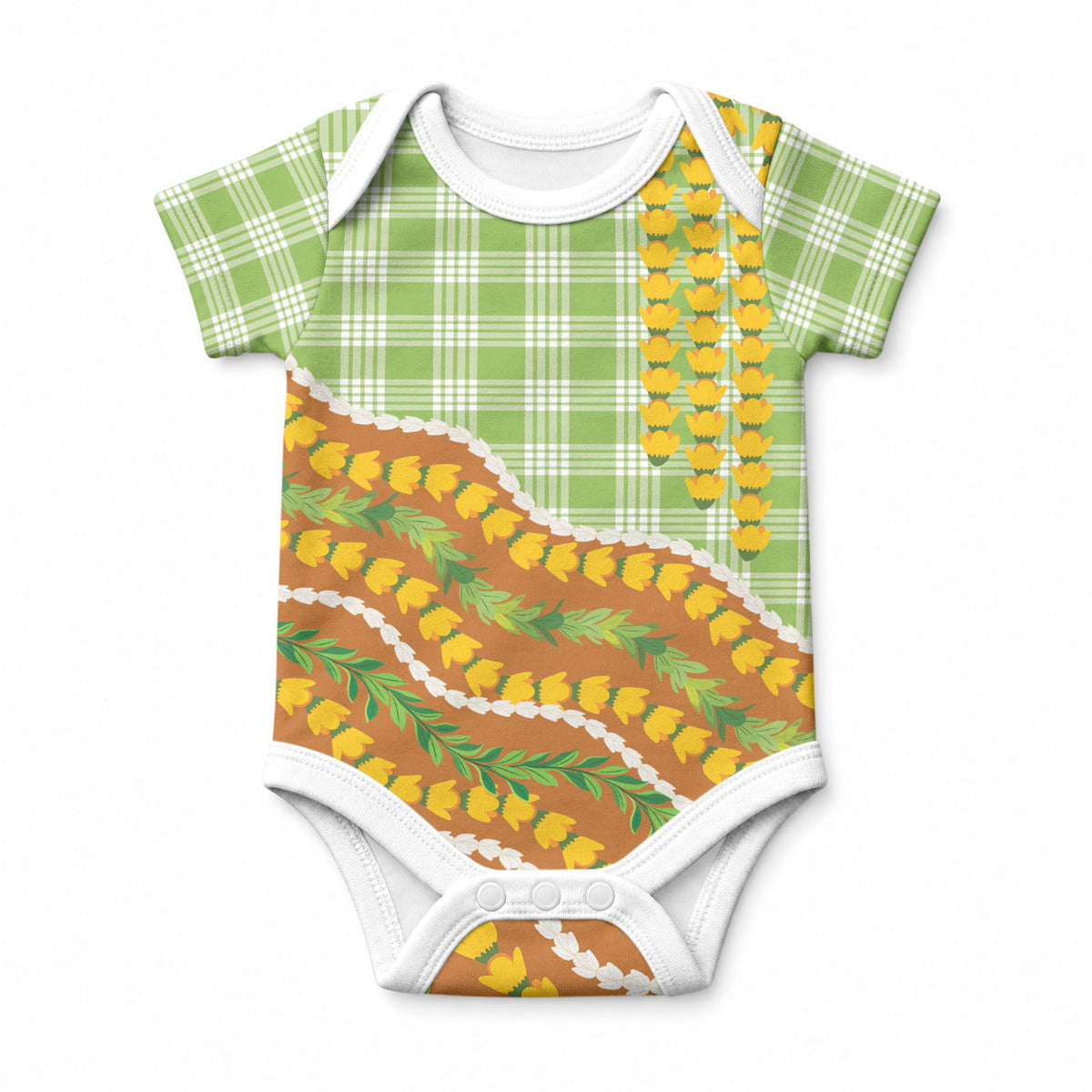Hawaii Leis Palaka Motifs Baby Onesie Pikake Pakalana Maile Ilima Kakau Style LT14 Multicolor - Polynesian Pride