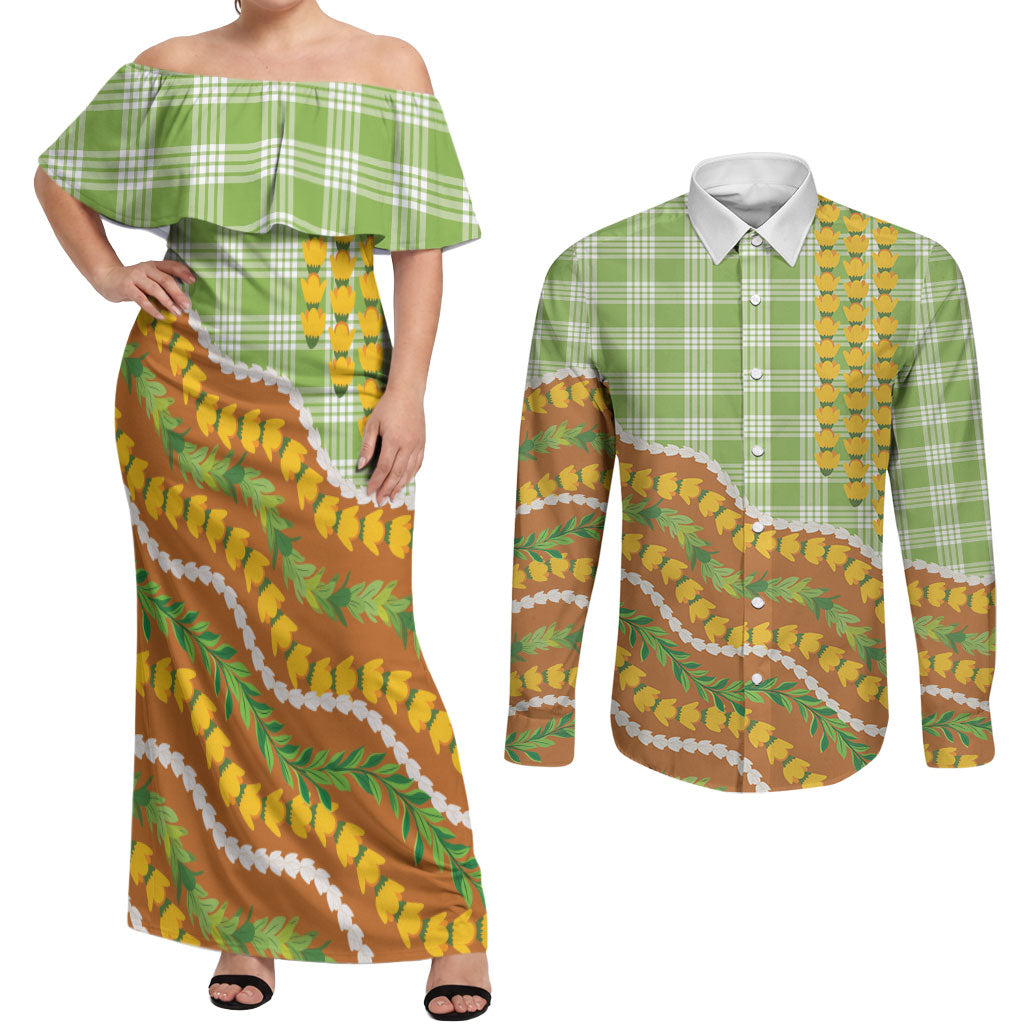 Hawaii Leis Palaka Motifs Couples Matching Off Shoulder Maxi Dress and Long Sleeve Button Shirt Pikake Pakalana Maile Ilima Kakau Style LT14 Multicolor - Polynesian Pride