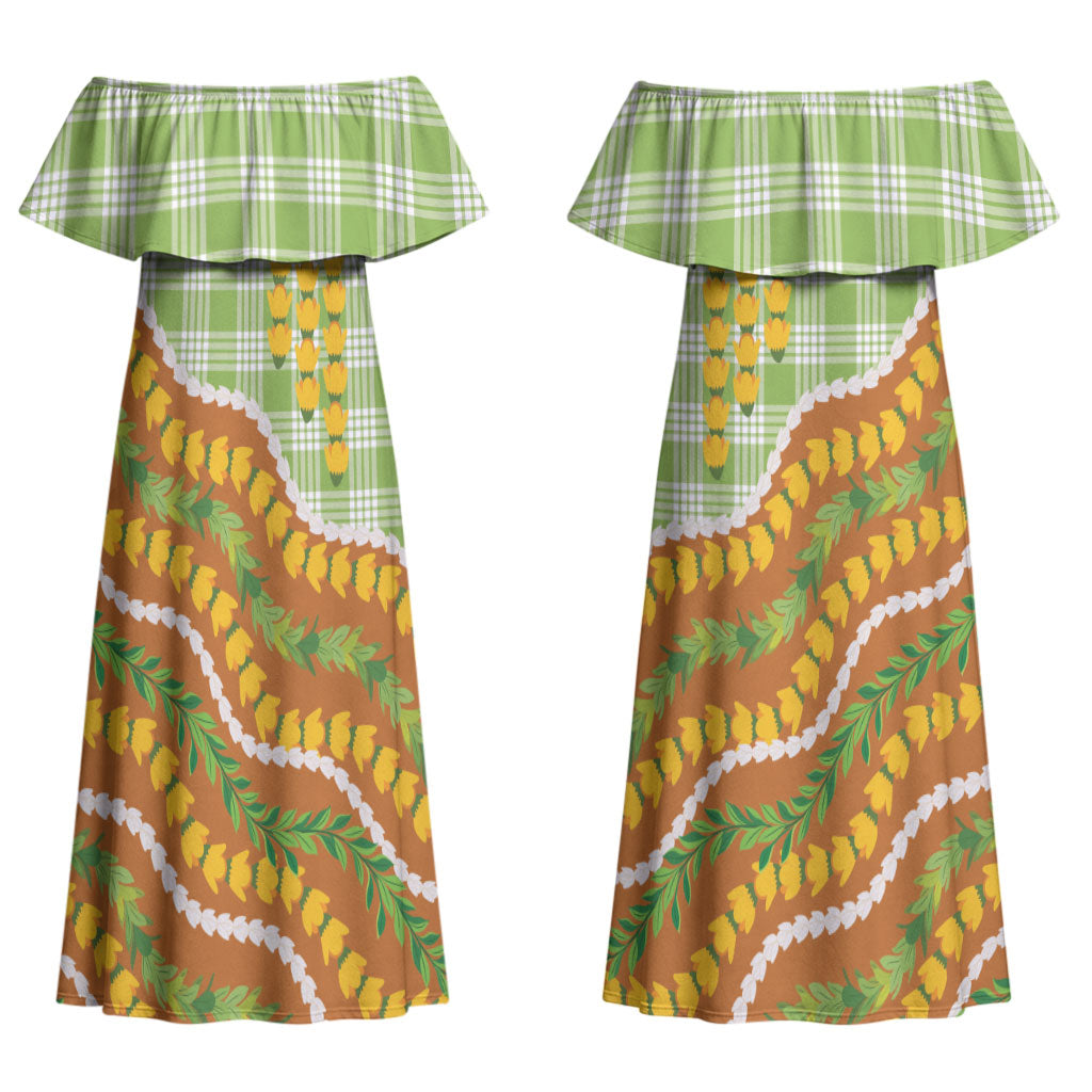 Hawaii Leis Palaka Motifs Couples Matching Off Shoulder Maxi Dress and Long Sleeve Button Shirt Pikake Pakalana Maile Ilima Kakau Style LT14 - Polynesian Pride