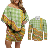Hawaii Leis Palaka Motifs Couples Matching Off Shoulder Short Dress and Long Sleeve Button Shirt Pikake Pakalana Maile Ilima Kakau Style LT14 Multicolor - Polynesian Pride