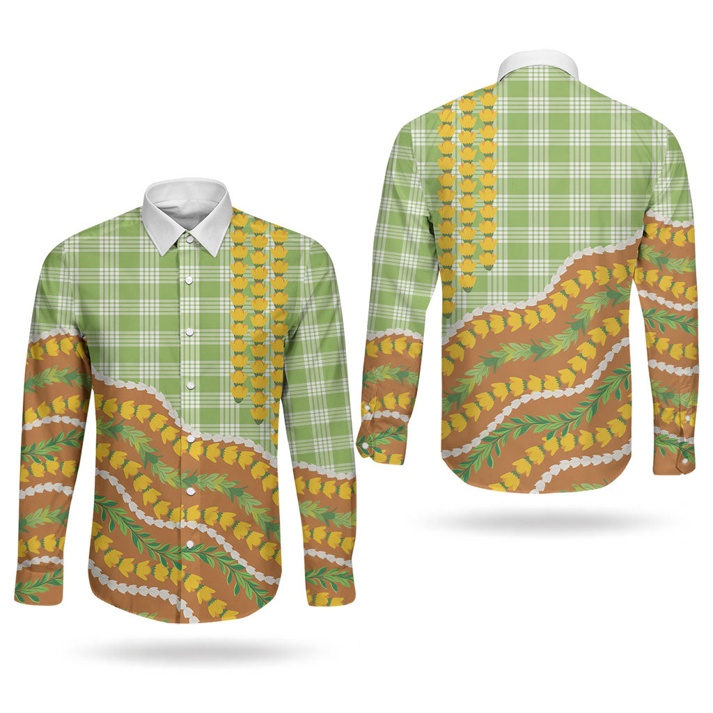 Hawaii Leis Palaka Motifs Couples Matching Puletasi and Long Sleeve Button Shirt Pikake Pakalana Maile Ilima Kakau Style LT14 - Polynesian Pride