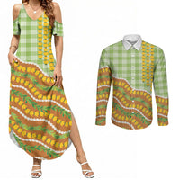 Hawaii Leis Palaka Motifs Couples Matching Summer Maxi Dress and Long Sleeve Button Shirt Pikake Pakalana Maile Ilima Kakau Style LT14 Multicolor - Polynesian Pride