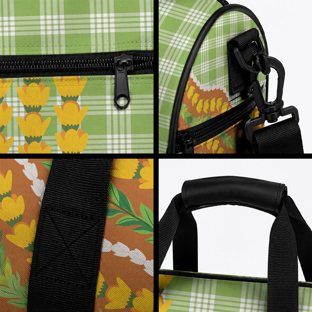Hawaii Leis Palaka Motifs Duffle Bag Pikake Pakalana Maile Ilima Kakau Style