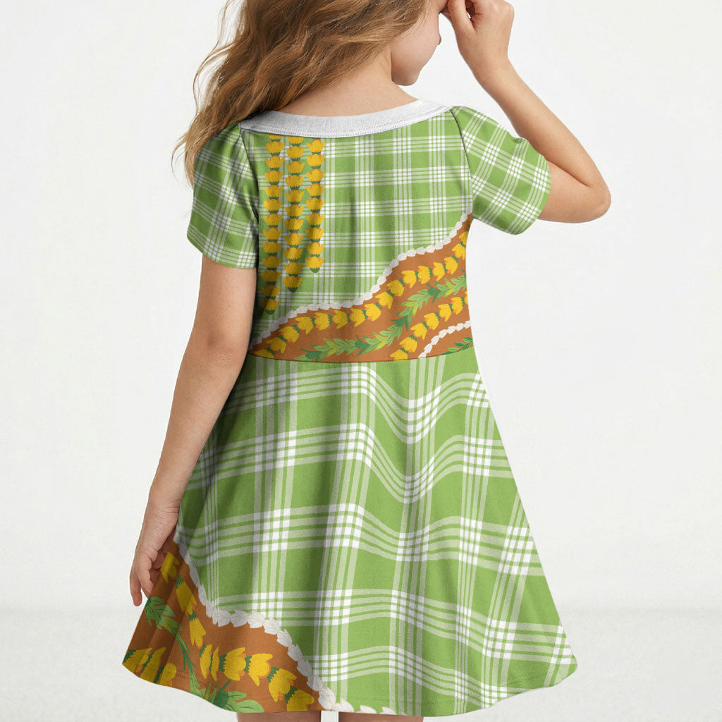 Hawaii Leis Palaka Motifs Kid Short Sleeve Dress Pikake Pakalana Maile Ilima Kakau Style LT14 - Polynesian Pride