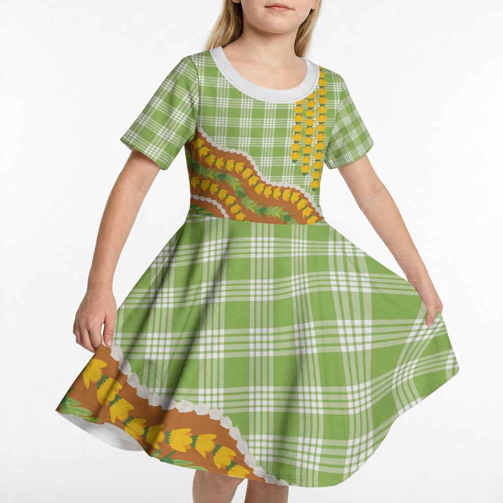 Hawaii Leis Palaka Motifs Kid Short Sleeve Dress Pikake Pakalana Maile Ilima Kakau Style LT14 - Polynesian Pride