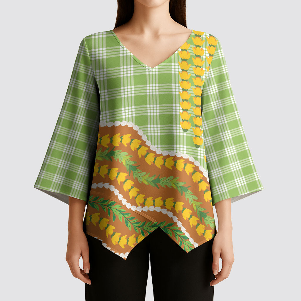 Hawaii Leis Palaka Motifs Kimono Sleeve Blouse Pikake Pakalana Maile Ilima Kakau Style LT14 - Polynesian Pride