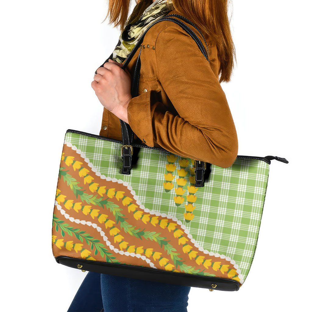 Hawaii Leis Palaka Motifs Leather Tote Bag Pikake Pakalana Maile Ilima Kakau Style LT14 Multicolor - Polynesian Pride