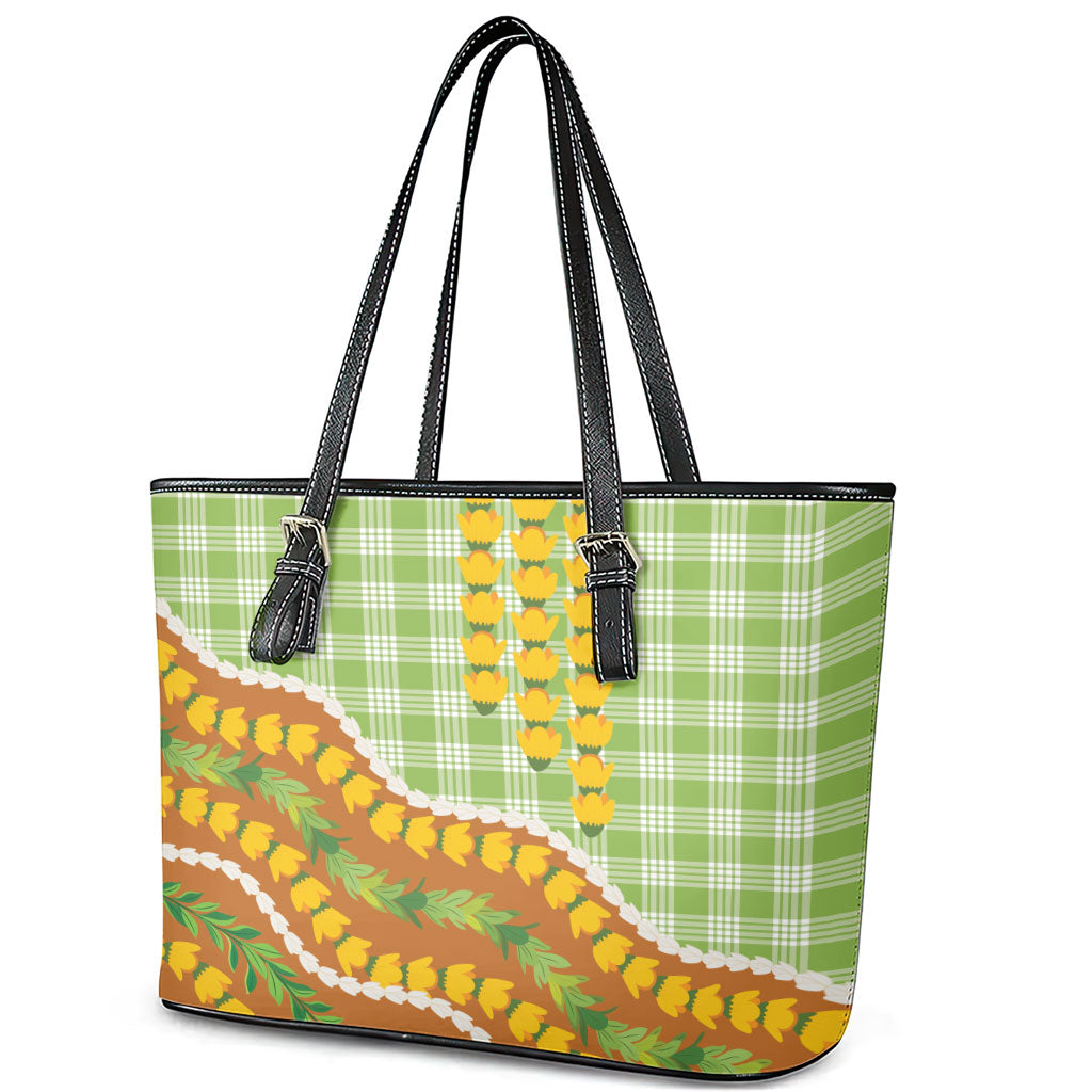 Hawaii Leis Palaka Motifs Leather Tote Bag Pikake Pakalana Maile Ilima Kakau Style LT14 - Polynesian Pride