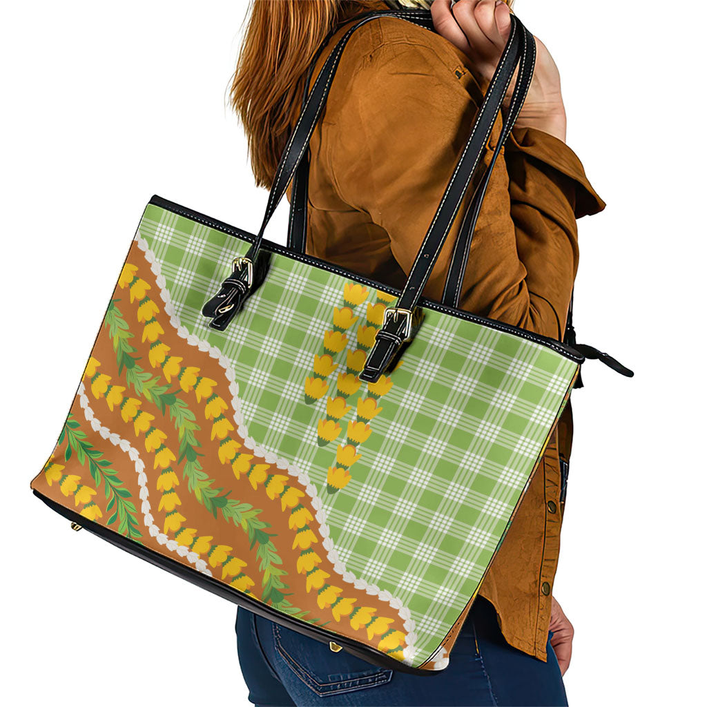 Hawaii Leis Palaka Motifs Leather Tote Bag Pikake Pakalana Maile Ilima Kakau Style LT14 - Polynesian Pride