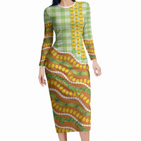 Hawaii Leis Palaka Motifs Long Sleeve Bodycon Dress Pikake Pakalana Maile Ilima Kakau Style LT14 Long Dress Multicolor - Polynesian Pride