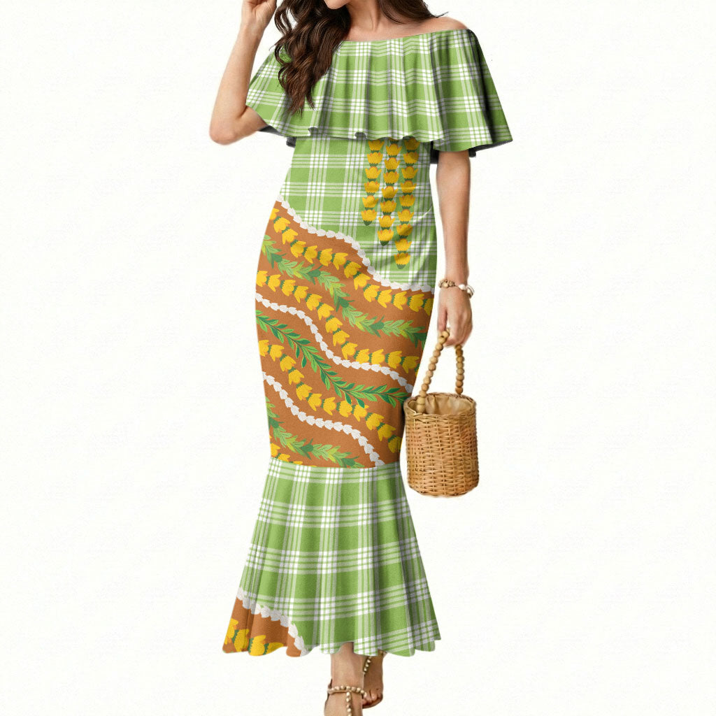 Hawaii Leis Palaka Motifs Mermaid Dress Pikake Pakalana Maile Ilima Kakau Style LT14 Women Multicolor - Polynesian Pride