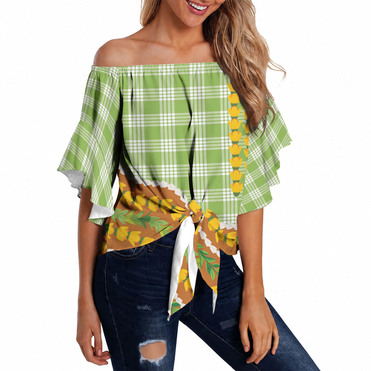 Hawaii Leis Palaka Motifs Off Shoulder Wrap Waist Top Pikake Pakalana Maile Ilima Kakau Style LT14 Multicolor - Polynesian Pride