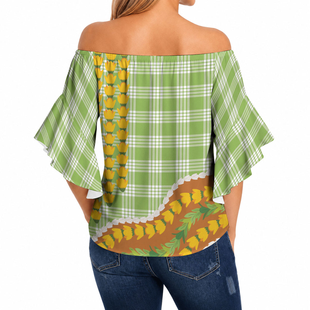 Hawaii Leis Palaka Motifs Off Shoulder Wrap Waist Top Pikake Pakalana Maile Ilima Kakau Style LT14 - Polynesian Pride