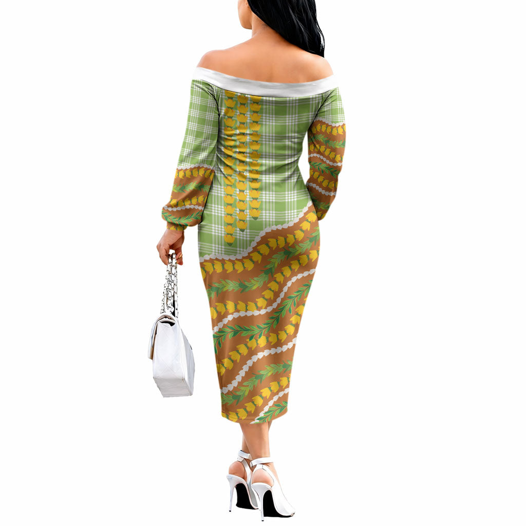 Hawaii Leis Palaka Motifs Off The Shoulder Long Sleeve Dress Pikake Pakalana Maile Ilima Kakau Style LT14 - Polynesian Pride
