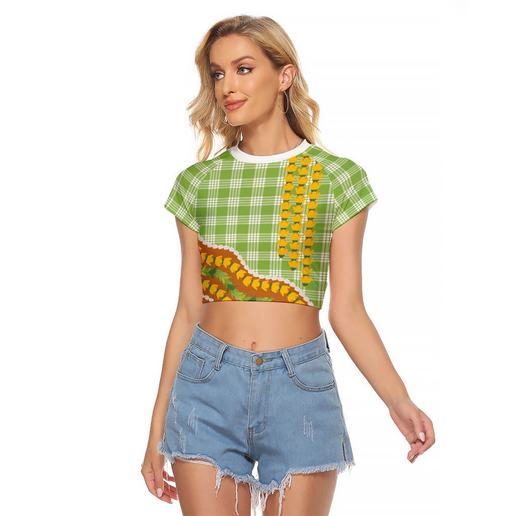 Hawaii Leis Palaka Motifs Raglan Cropped T Shirt Pikake Pakalana Maile Ilima Kakau Style LT14 Female Multicolor - Polynesian Pride