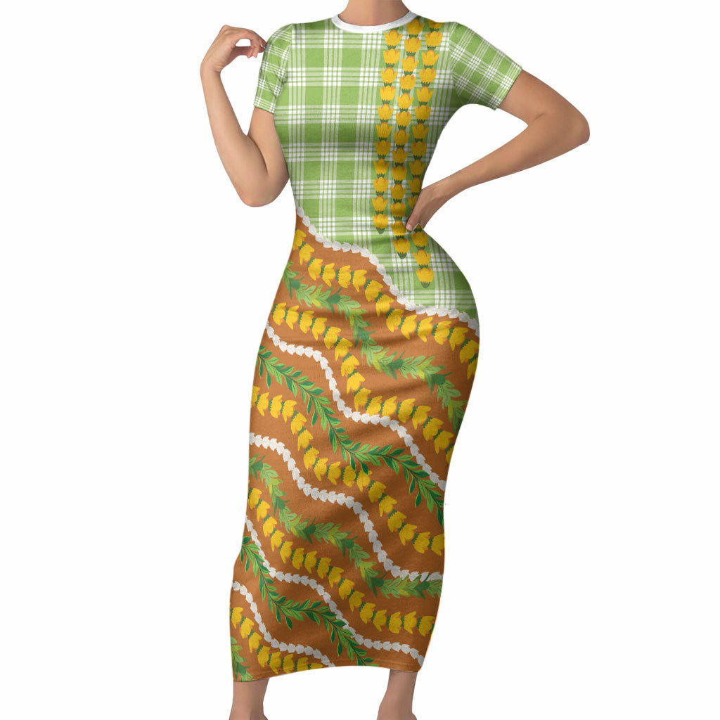 Hawaii Leis Palaka Motifs Short Sleeve Bodycon Dress Pikake Pakalana Maile Ilima Kakau Style LT14 Long Dress Multicolor - Polynesian Pride