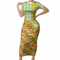 Hawaii Leis Palaka Motifs Short Sleeve Bodycon Dress Pikake Pakalana Maile Ilima Kakau Style LT14 Long Dress Multicolor - Polynesian Pride