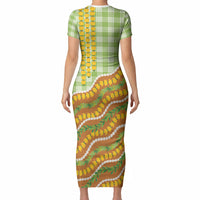 Hawaii Leis Palaka Motifs Short Sleeve Bodycon Dress Pikake Pakalana Maile Ilima Kakau Style LT14 - Polynesian Pride