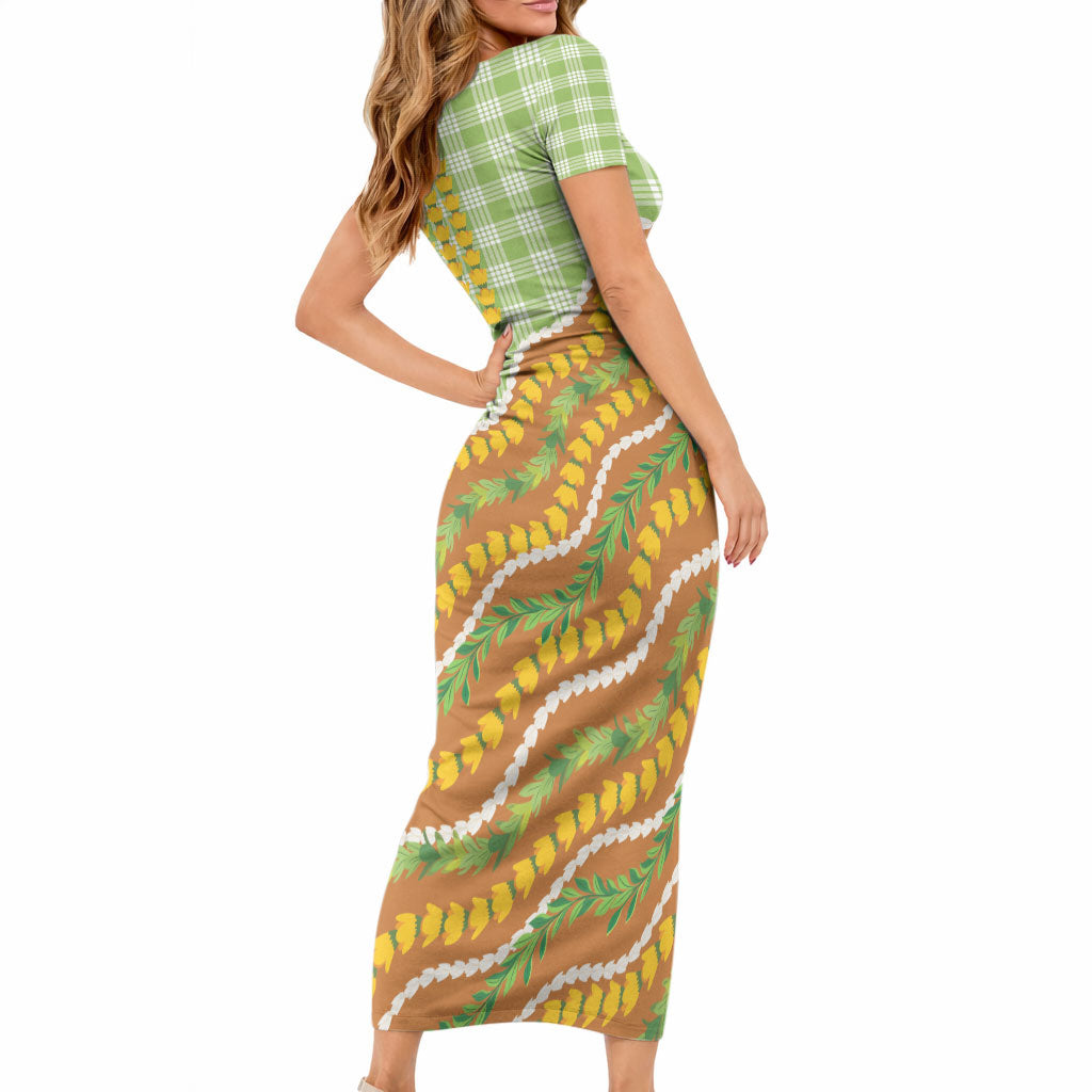 Hawaii Leis Palaka Motifs Short Sleeve Bodycon Dress Pikake Pakalana Maile Ilima Kakau Style LT14 - Polynesian Pride