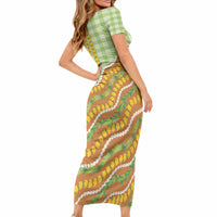 Hawaii Leis Palaka Motifs Short Sleeve Bodycon Dress Pikake Pakalana Maile Ilima Kakau Style LT14 - Polynesian Pride