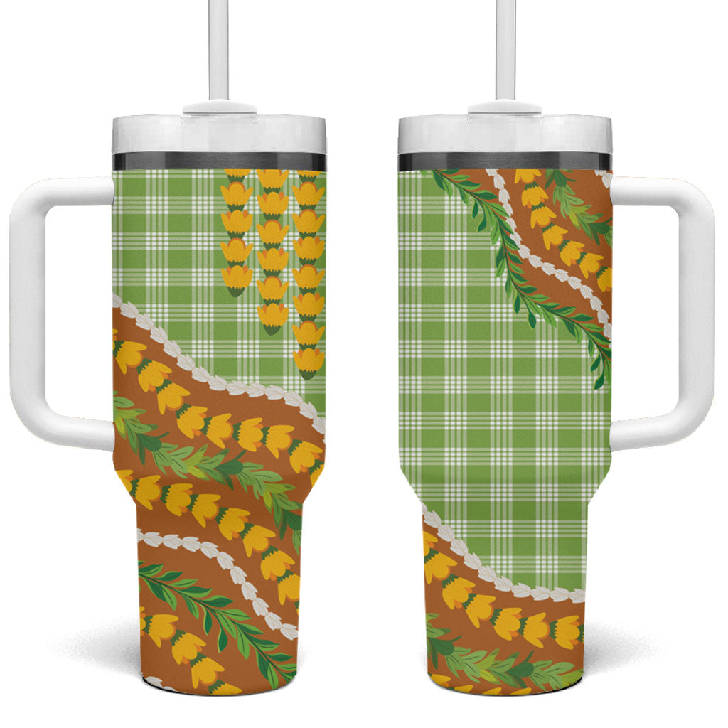 Hawaii Leis Palaka Motifs Tumbler With Handle Pikake Pakalana Maile Ilima Kakau Style LT14 One Size: 40 oz Multicolor - Polynesian Pride