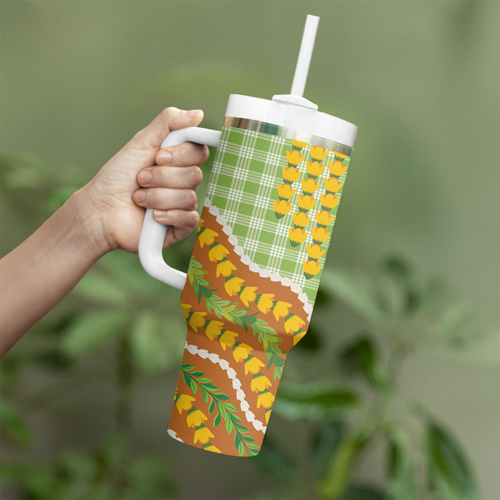 Hawaii Leis Palaka Motifs Tumbler With Handle Pikake Pakalana Maile Ilima Kakau Style LT14 - Polynesian Pride