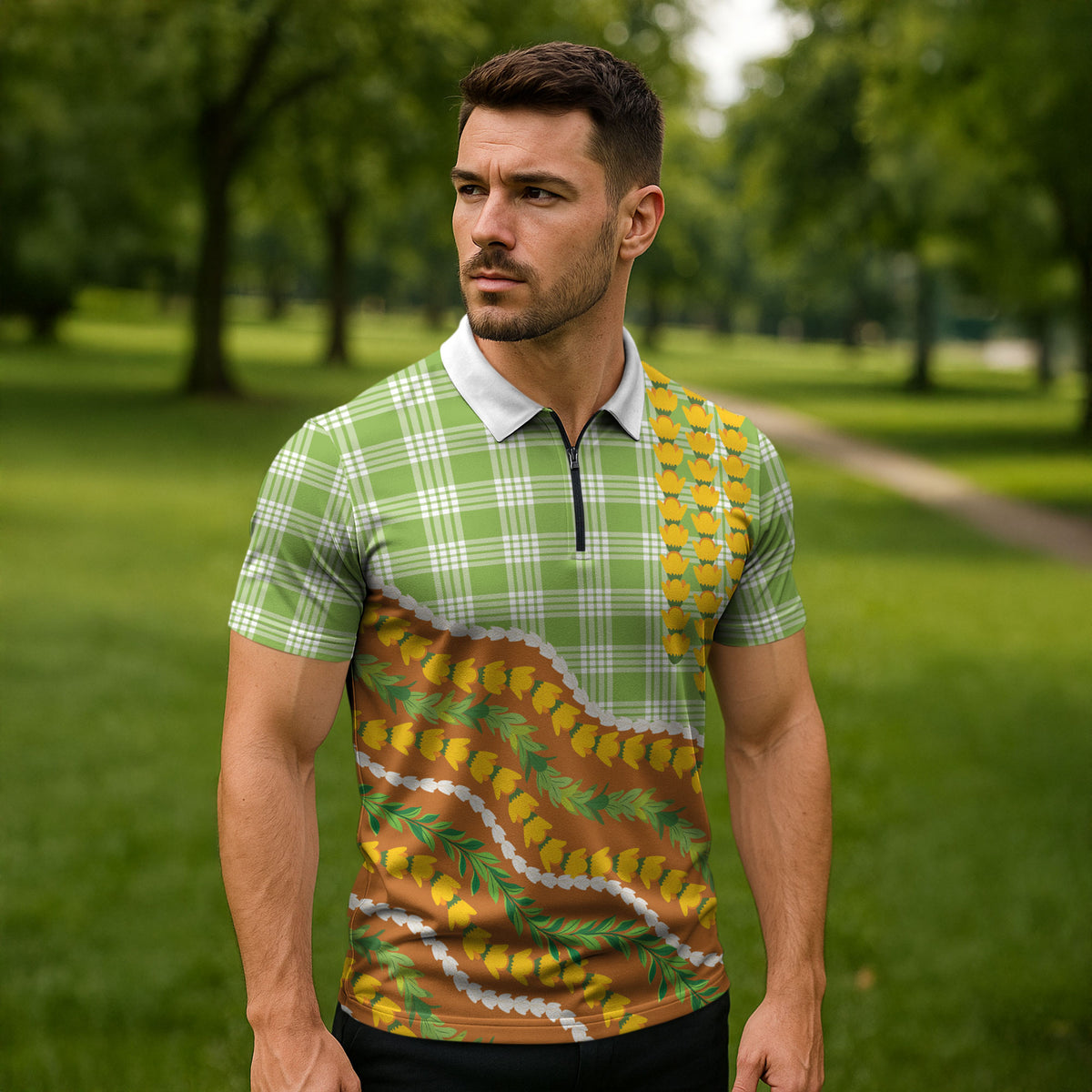 Hawaii Leis Palaka Motifs Zipper Polo Shirt Pikake Pakalana Maile Ilima Kakau Style LT14 - Polynesian Pride