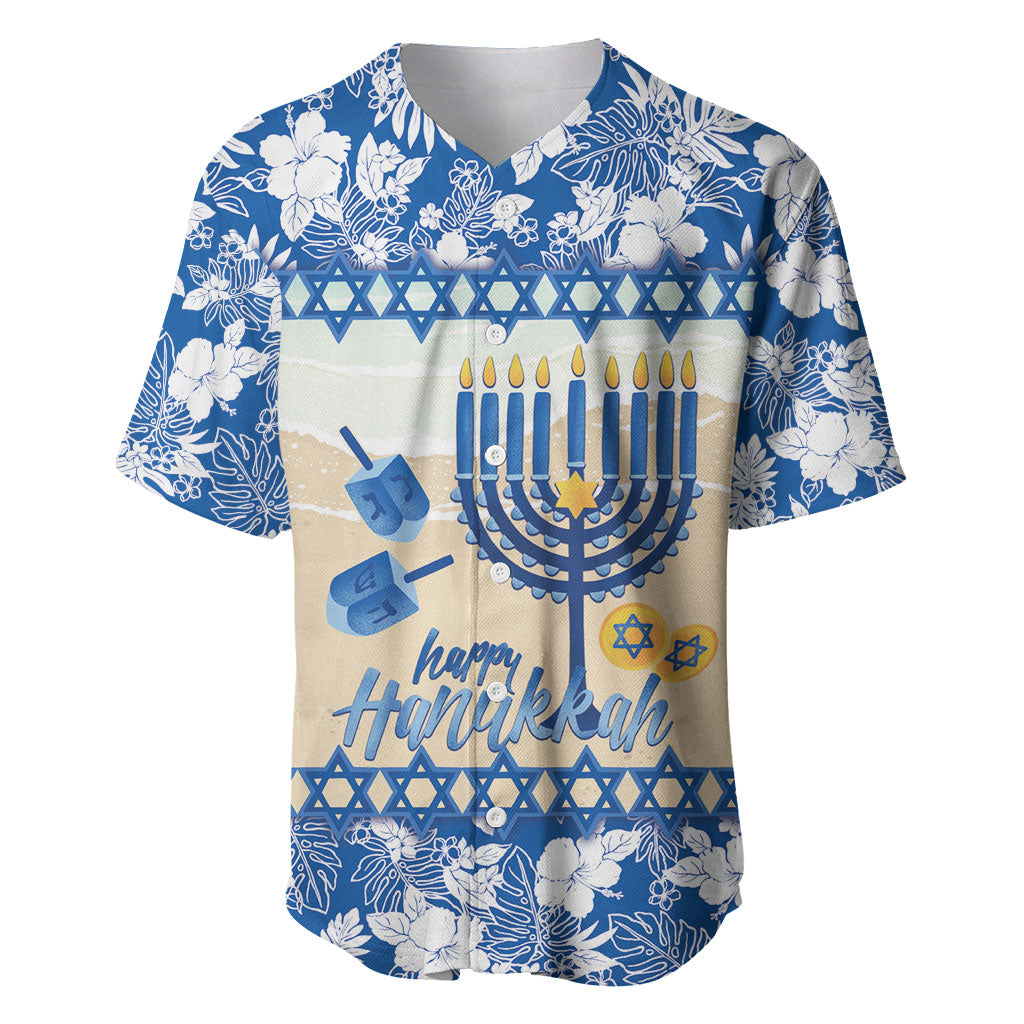 Chanukah Jewish Hawaii Baseball Jersey Festival of Lights Hanukkah Menorah Tropical Flowers LT14 Blue - Polynesian Pride