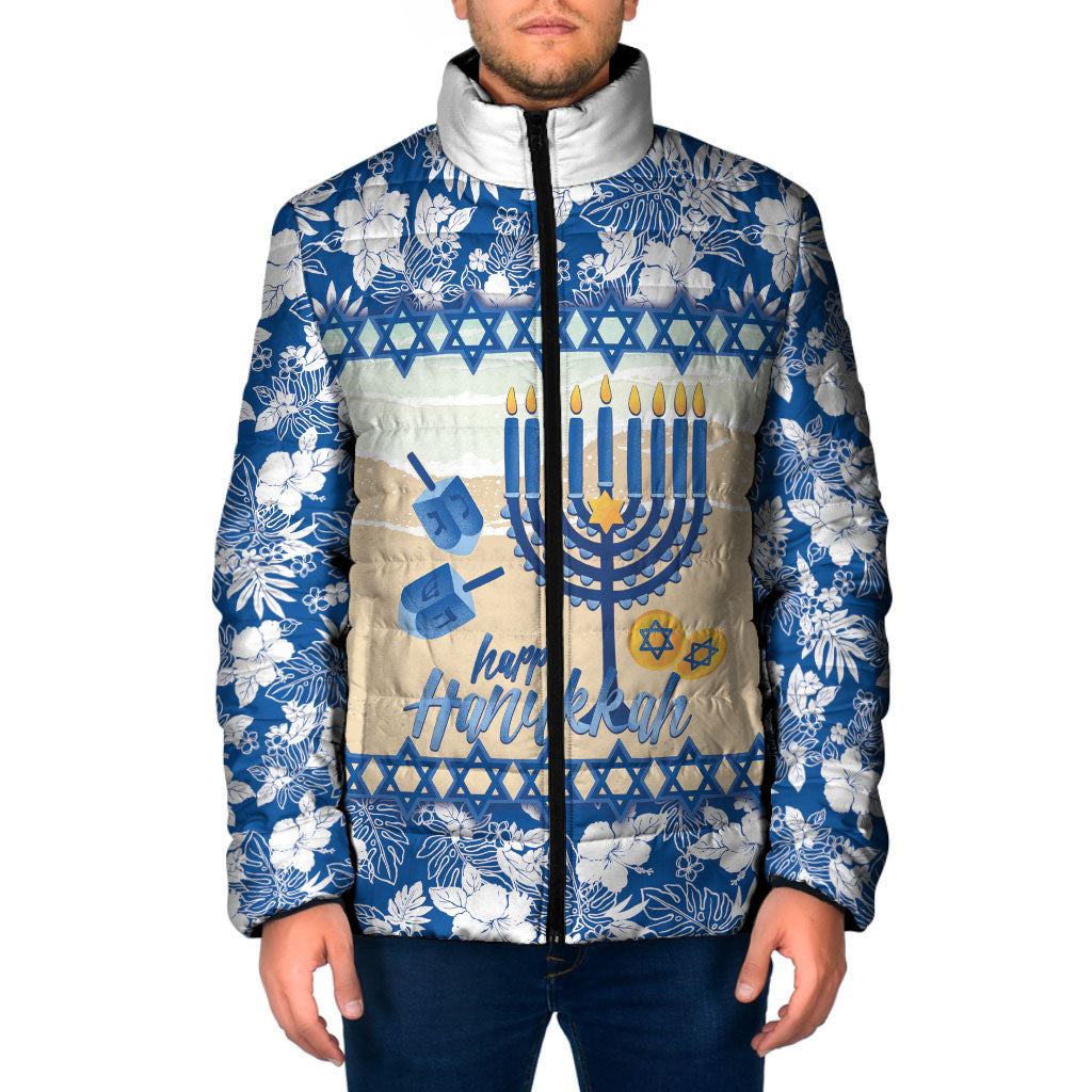 Chanukah Jewish Hawaii Padded Jacket Festival of Lights Hanukkah Menorah Tropical Flowers