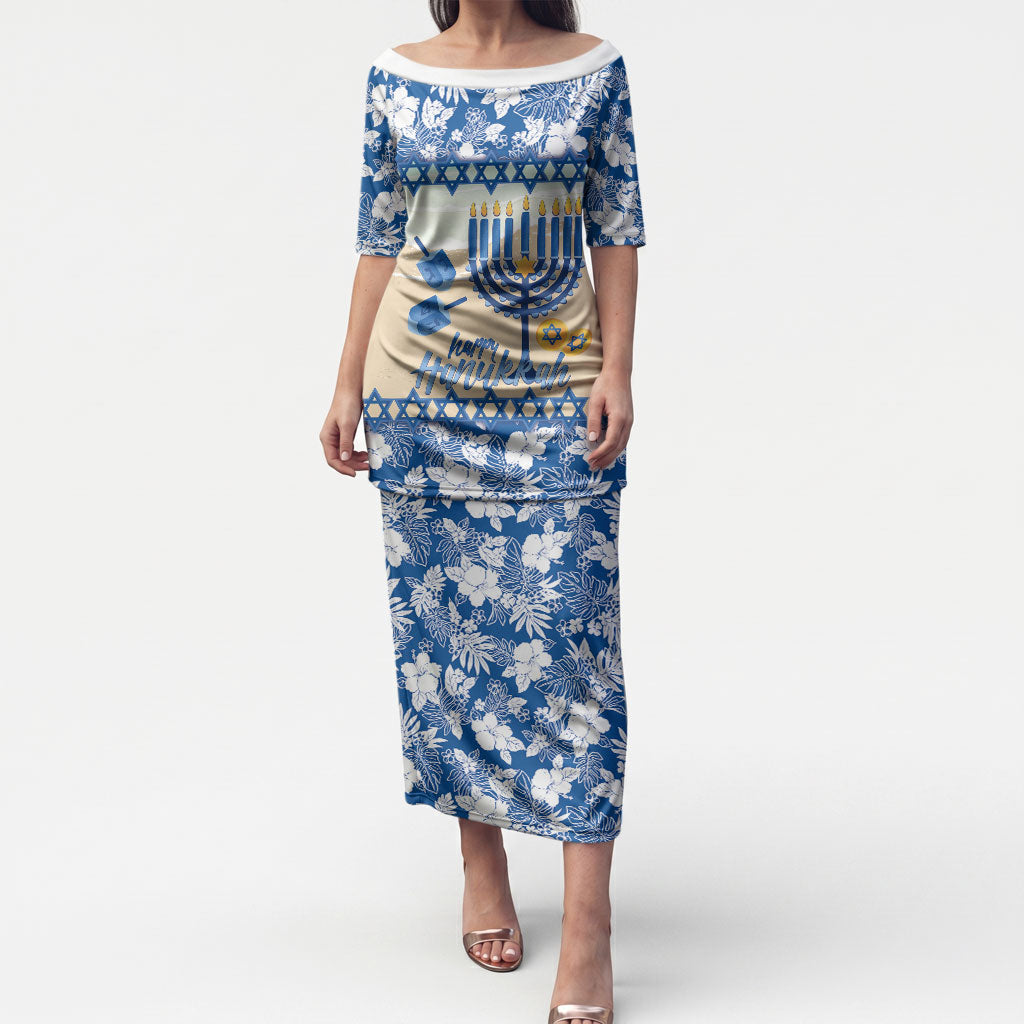 Chanukah Jewish Hawaii Puletasi Festival of Lights Hanukkah Menorah Tropical Flowers LT14 Long Dress Blue - Polynesian Pride