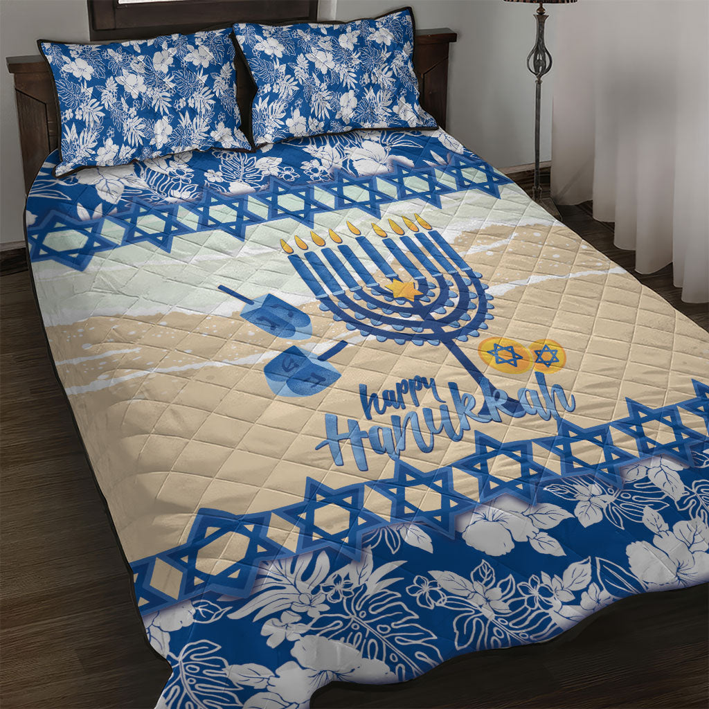 Chanukah Jewish Hawaii Quilt Bed Set Festival of Lights Hanukkah Menorah Tropical Flowers
