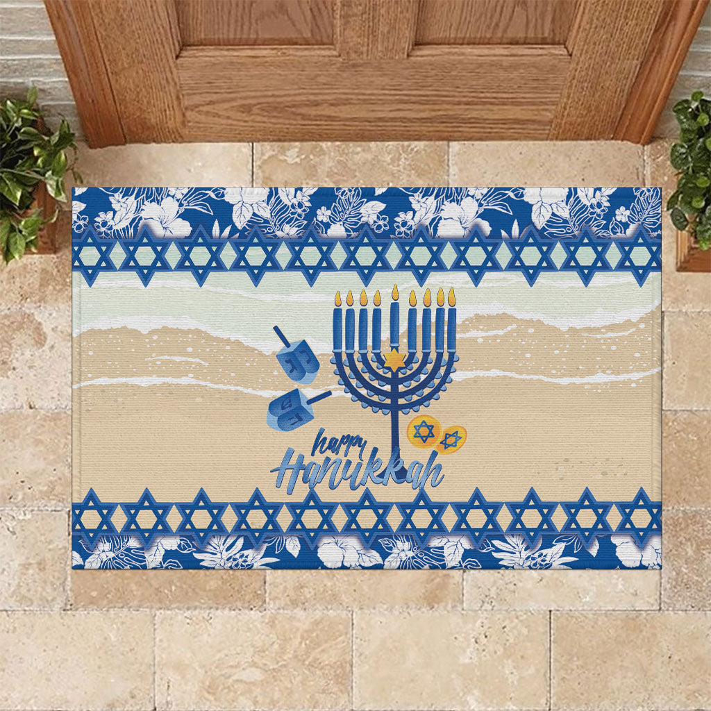 Chanukah Jewish Hawaii Rubber Doormat Festival of Lights Hanukkah Menorah Tropical Flowers