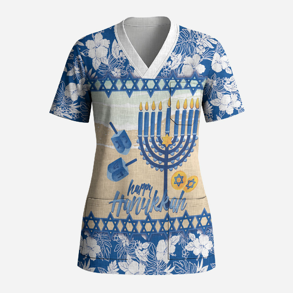 Chanukah Jewish Hawaii Scrub Top Festival of Lights Hanukkah Menorah Tropical Flowers