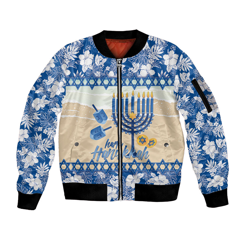 Chanukah Jewish Hawaii Sleeve Zip Bomber Jacket Festival of Lights Hanukkah Menorah Tropical Flowers