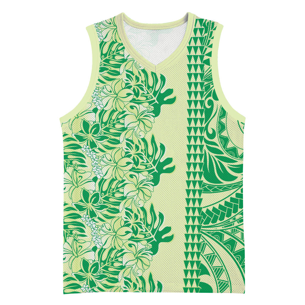 Lime Green Hibiscus Monstera Seamless Kakau Hawaii Basketball Jersey LT14 Unisex Lime Green - Polynesian Pride