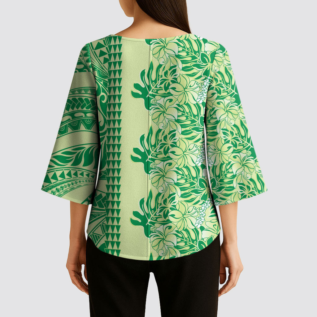 Lime Green Hibiscus Monstera Seamless Kakau Hawaii Kimono Sleeve Blouse LT14 - Polynesian Pride