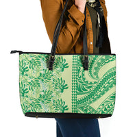Lime Green Hibiscus Monstera Seamless Kakau Hawaii Leather Tote Bag LT14 - Polynesian Pride