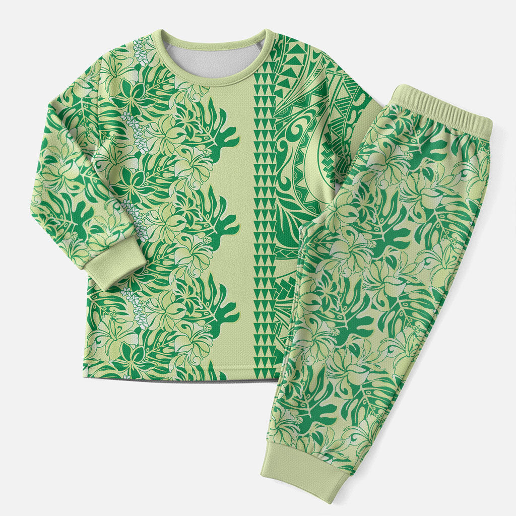 Lime Green Hibiscus Monstera Seamless Kakau Hawaii Christmas Pajama Set