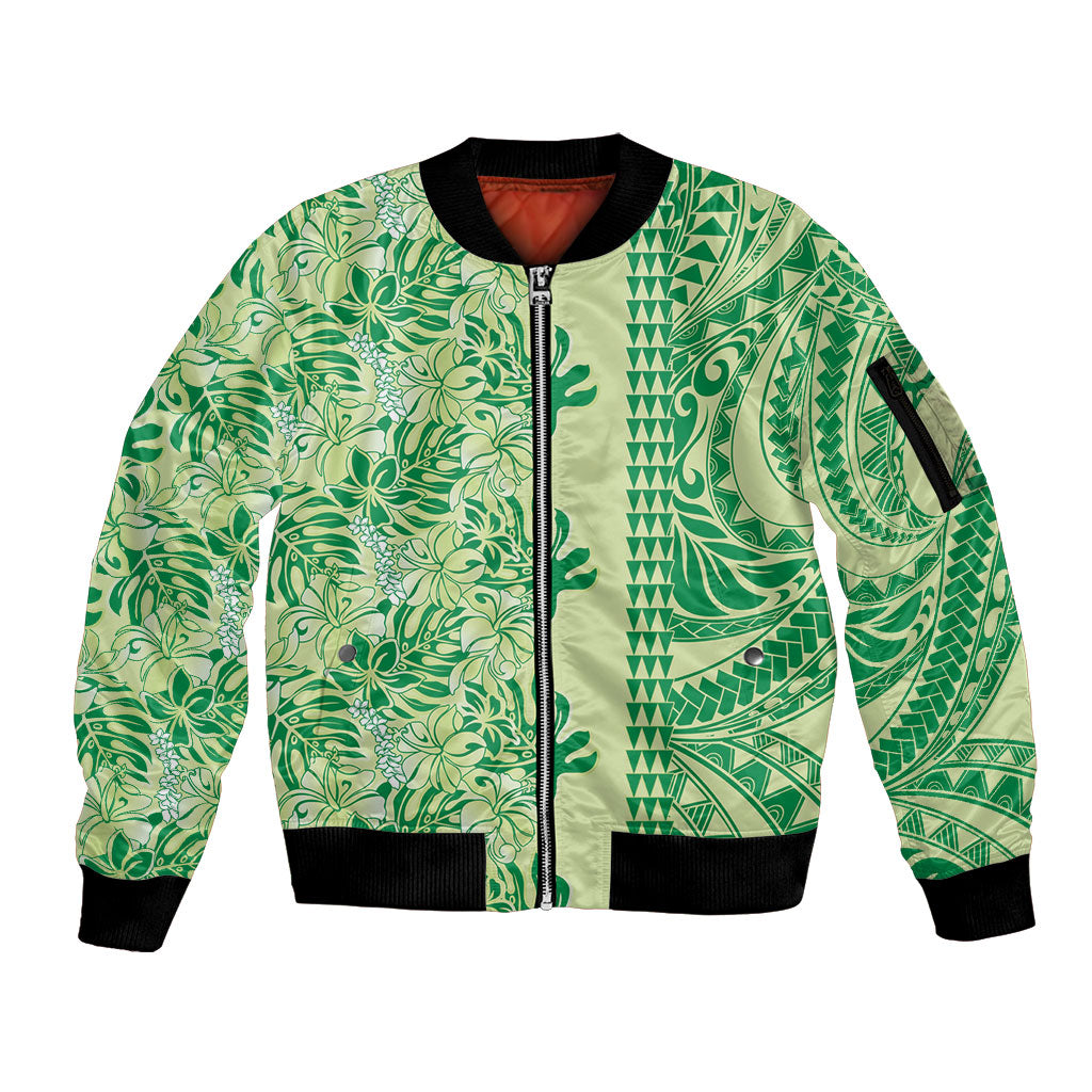 Lime Green Hibiscus Monstera Seamless Kakau Hawaii Sleeve Zip Bomber Jacket