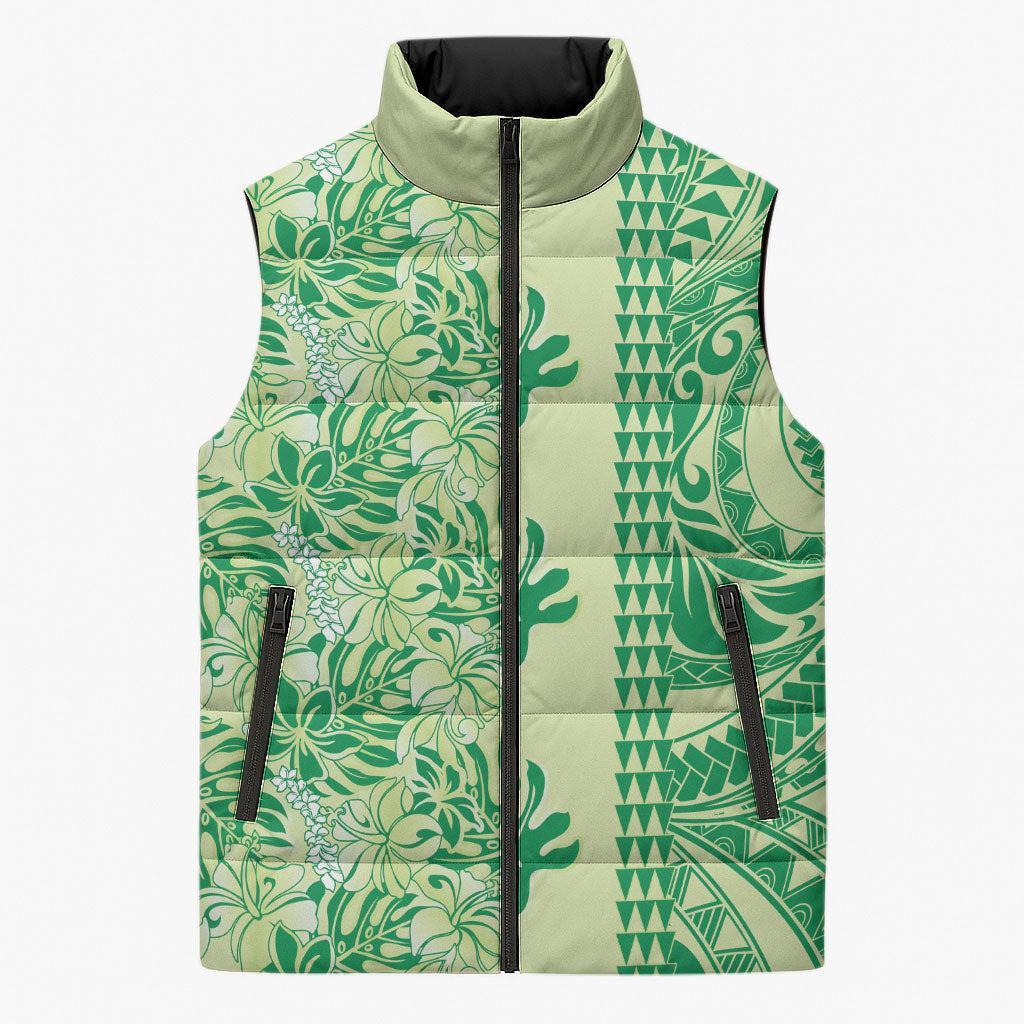 Lime Green Hibiscus Monstera Seamless Kakau Hawaii Sleeveless Puffer Jacket LT14 Unisex Lime Green - Polynesian Pride