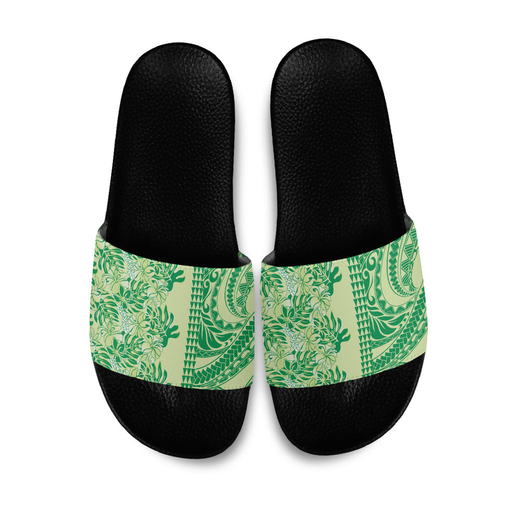 Lime Green Hibiscus Monstera Seamless Kakau Hawaii Slide Sandals