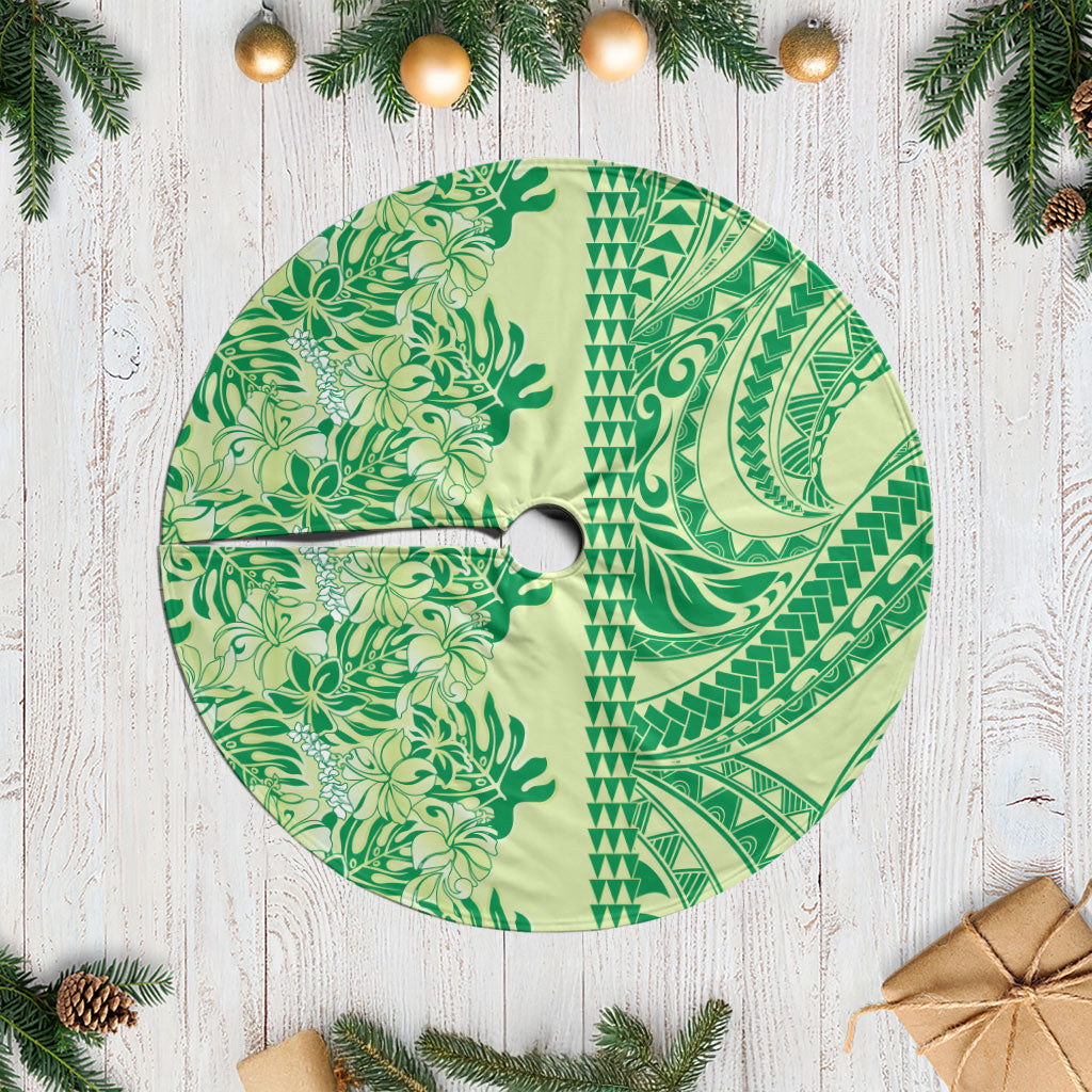 Lime Green Hibiscus Monstera Seamless Kakau Hawaii Tree Skirt