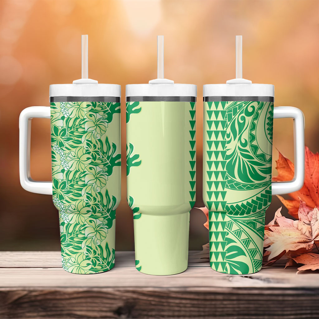 Lime Green Hibiscus Monstera Seamless Kakau Hawaii Tumbler With Handle LT14 - Polynesian Pride